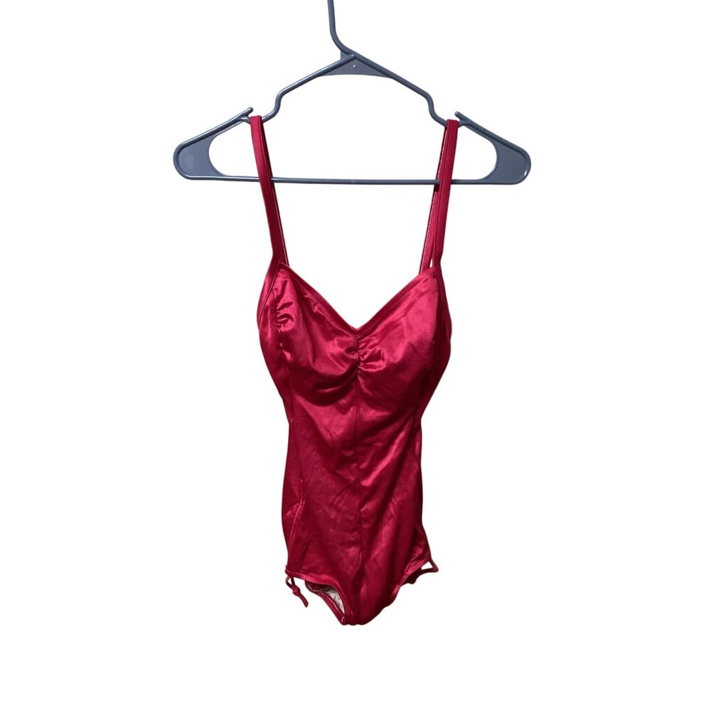 Vintage Robby Len Red Satin One Piece Swimsuit Ruched Bust Pin Up High Cut